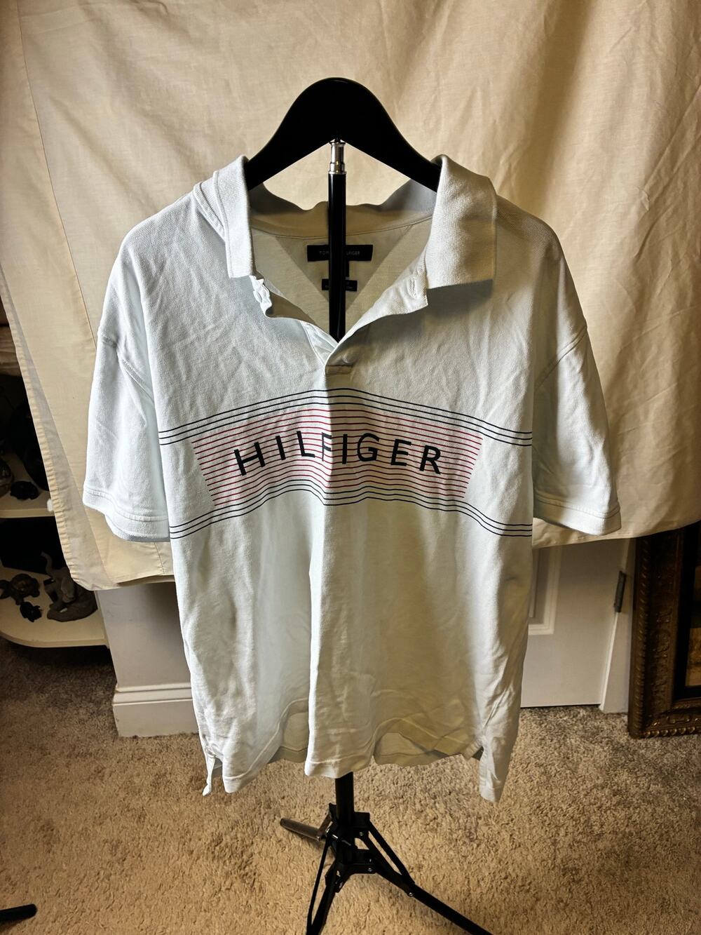 Tommy Hilfiger Polo Shirt Men's XL White Logo Stripe Regular Fit Short Sleeve